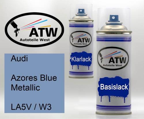 Audi, Azores Blue Metallic, LA5V / W3: 400ml Sprühdose + 400ml Klarlack - Set, von ATW Autoteile West.